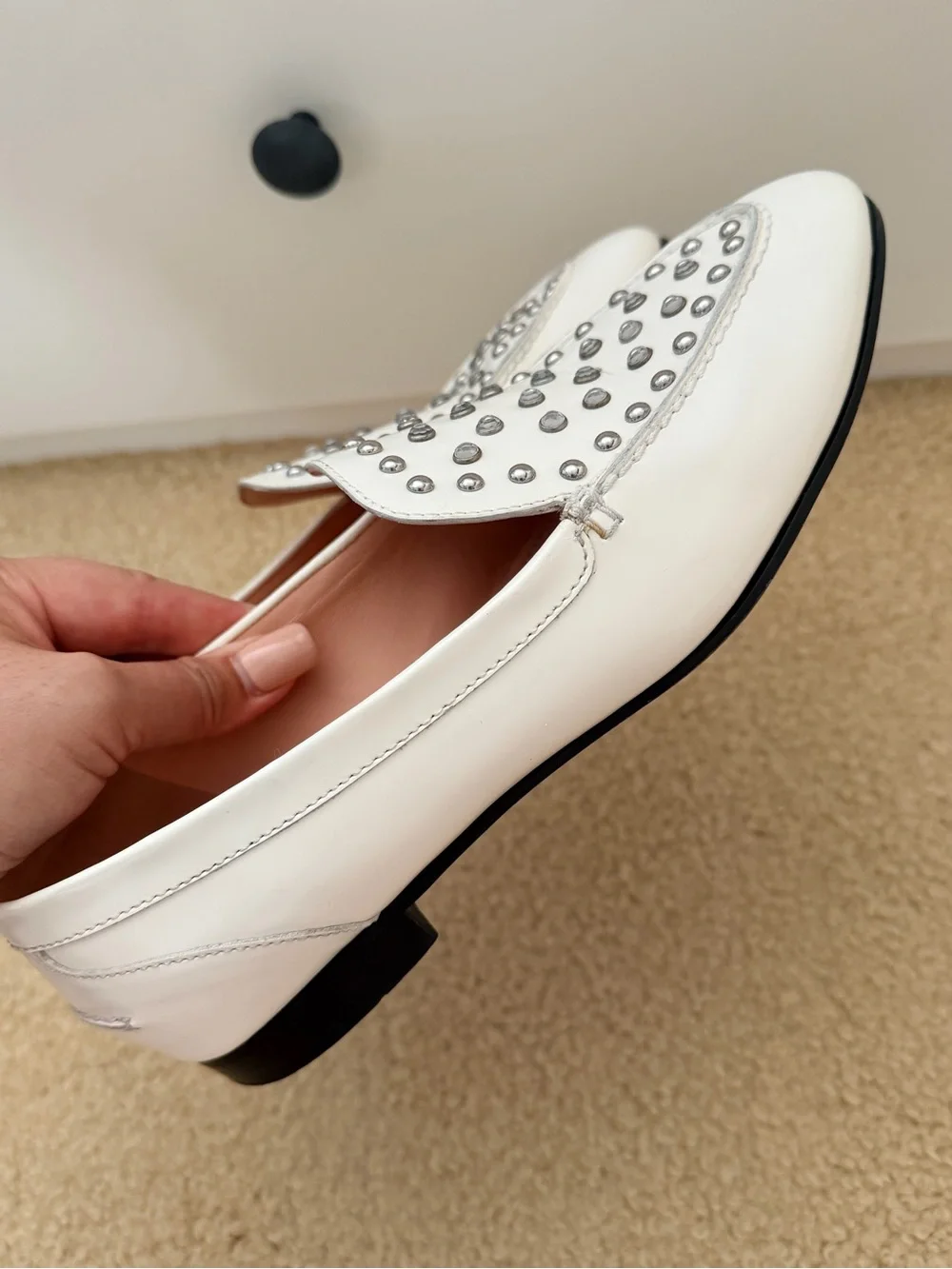 J. Crew Academy Loafers in Studded Leather, White Size 8